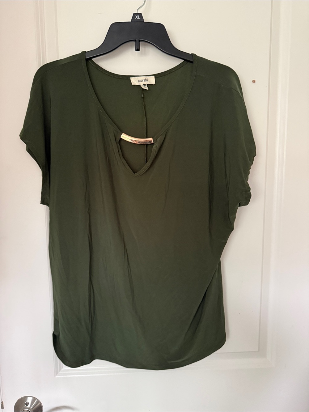 meraki Olive Green Short-Sleeve V-Neck Top with Front Bar Detail